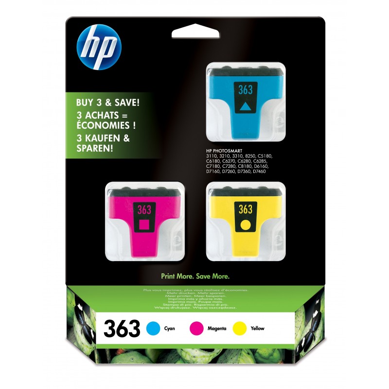 Pack de ahorro de 3 cartuchos de tinta original 363 cian magenta amarillo CB333EE