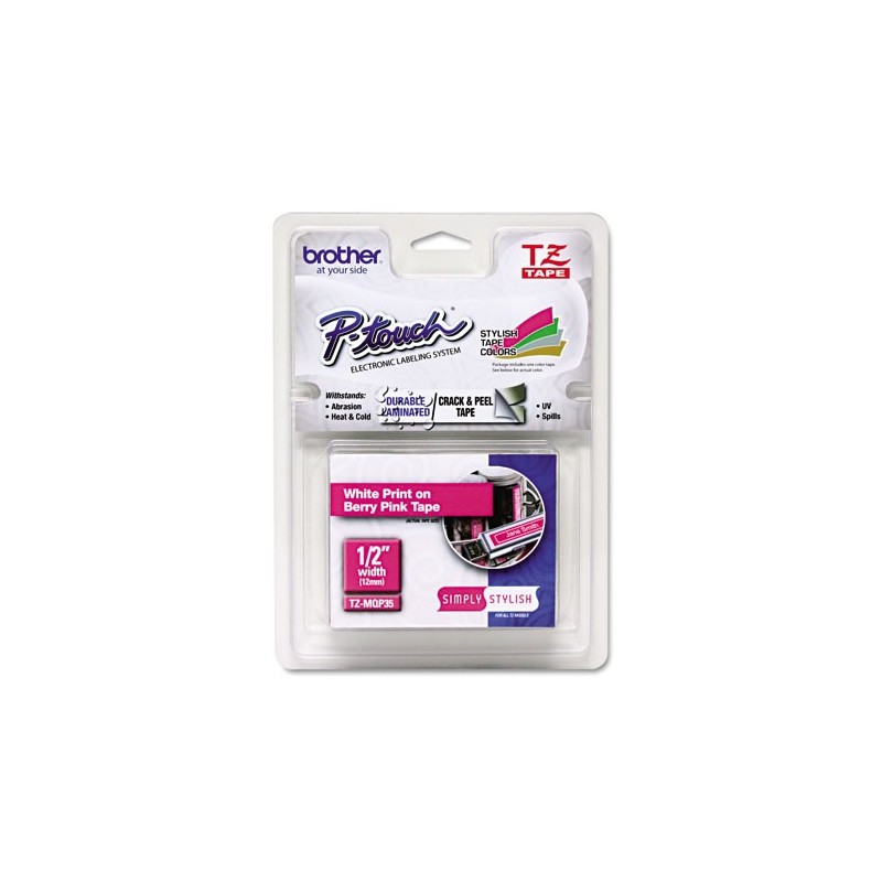 Brother TZe MQP35 - Cinta laminada mate - blanco sobre rosa baya - Rollo (1,2 cm x 5 m) - 1 bobina(s TZEMQP35