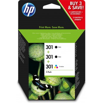 Pack de ahorro de 3 cartuchos de tinta original HP 301 negro (2) y tri-color (1) E5Y87EE