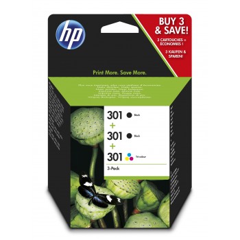 Pack de ahorro de 3 cartuchos de tinta original HP 301 negro (2) y tri-color (1) E5Y87EE