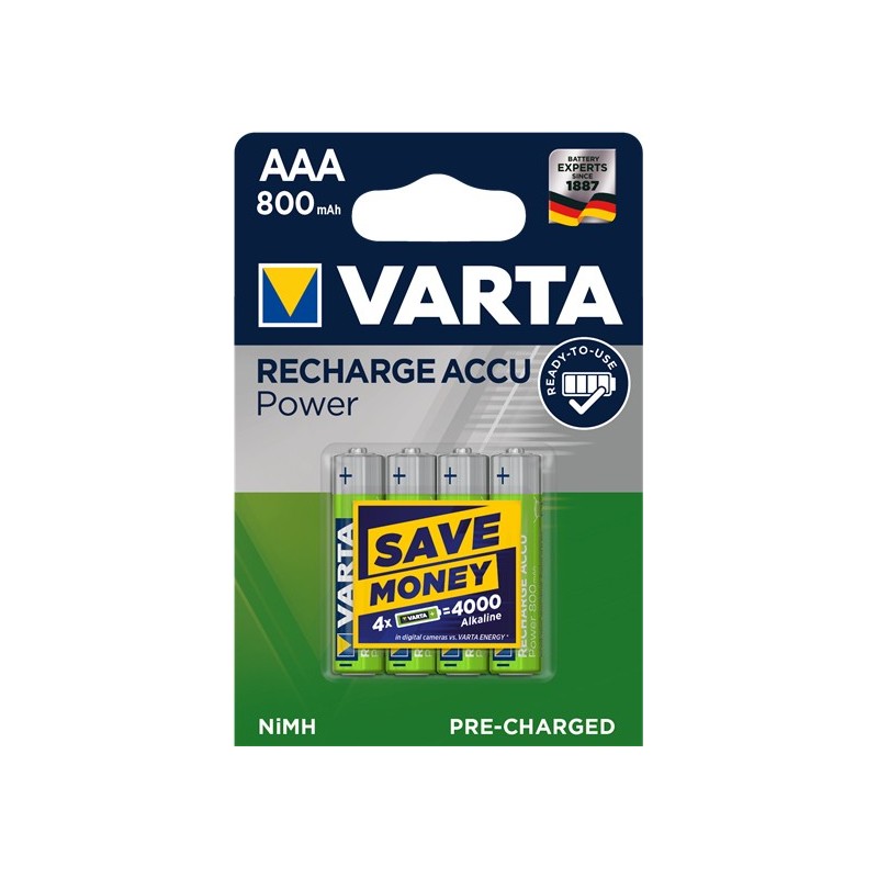 Varta -56703B, 800 mAh, Níquel metal hidruro, AAA, 1,2 V, Azul, Verde, 4 pieza(s) 43461