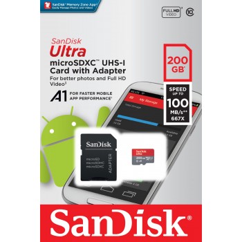 SanDisk 200GB Ultra A1 microSDXC 200GB MicroSDXC Clase 10 Gris, Rojo SDSQUAR-200G-GN6MA