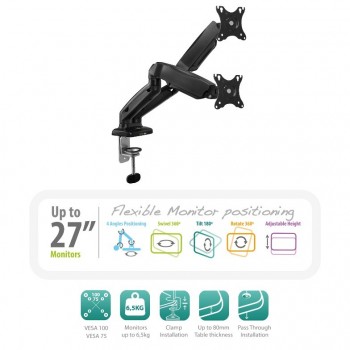 Ewent EW1516, Abrazadera Atornillado, 6,5 kg, 68,6 cm (27"), 100 x 100 mm, Ajustes de altura, Negro