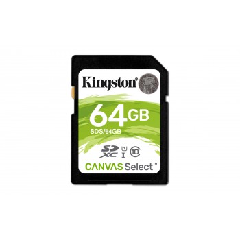 Kingston Technology Canvas Select, 64 GB, SDXC, Clase 10, UHS-I, 80 MB s, Negro SDS 64GB