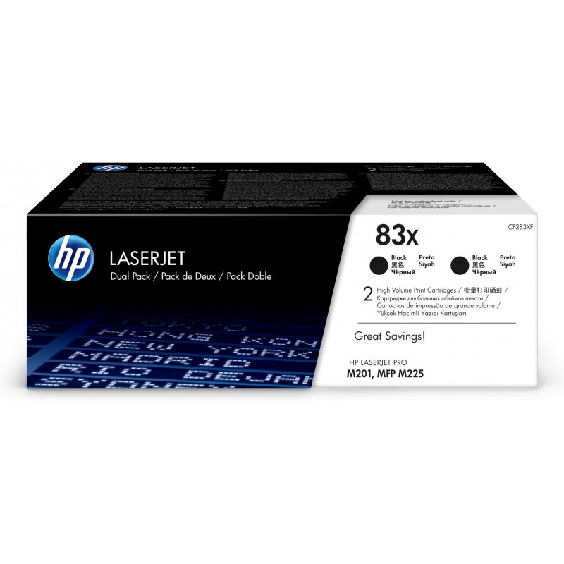 Paquete de 2 cartuchos de tóner negro Originales LaserJet 83X de alta capacidad CF283XD
