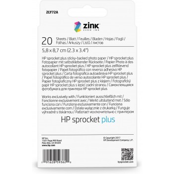HP Sprocket plus 20 Sht., Brillo, 258 g m², Blanco, 58 mm, 87 mm, 20 hojas 2LY72A