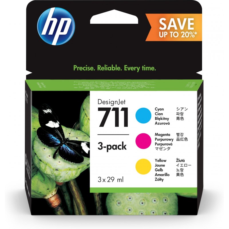 Paquete de 3 cartuchos de tinta 711 de 29 ml, cian magenta amarillo P2V32A