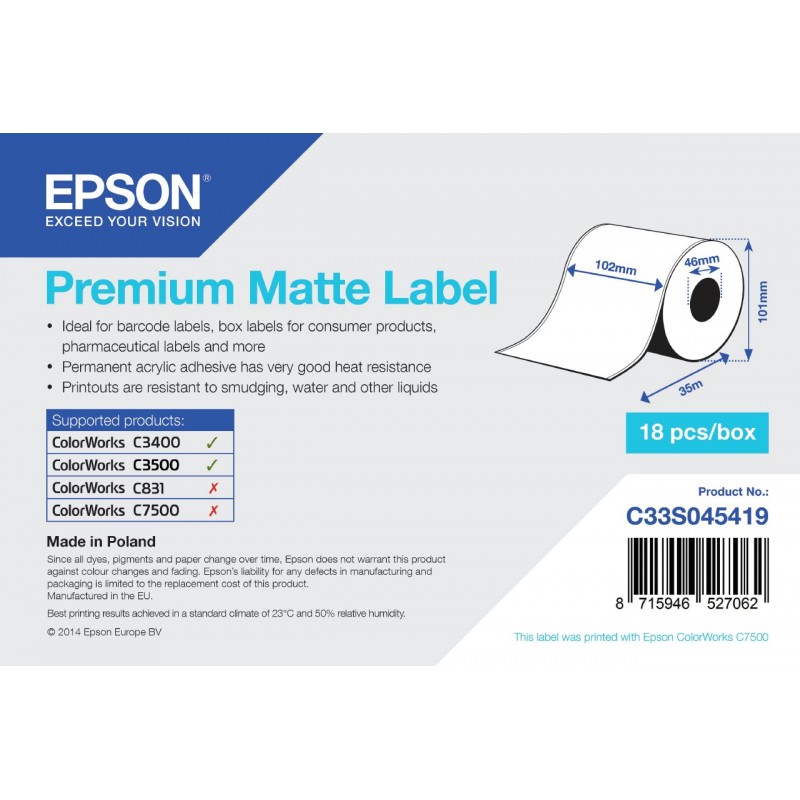 Epson Premium - Papel continuo de etiquetas mate - Rollo (10,2 cm x 35 m) - 1 bobina(s) - para Epson C33S045419