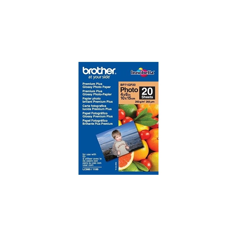 Brother BP71GP20 Premium Glossy Photo Paper, 260 g m², Blanco, 20 hojas, 102 x 152 mm