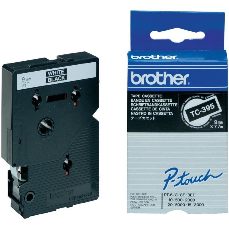 Brother Cinta laminada 9mm, Blanco sobre negro, TC, Brother, P-touch PT8E, PT500, PT2000, PT3000, PT TC-395