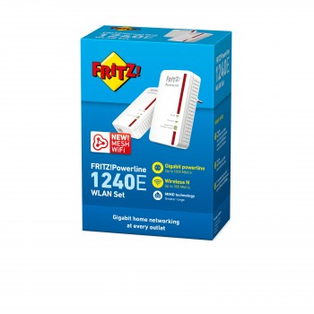 Powerline FRITZ! 1240E WLAN SET - Pack 2 UDS - Hasta 1200 MBIT S - WIFI N - Puerto Lan Gigabit - 128-BIT AES - Boton WPS