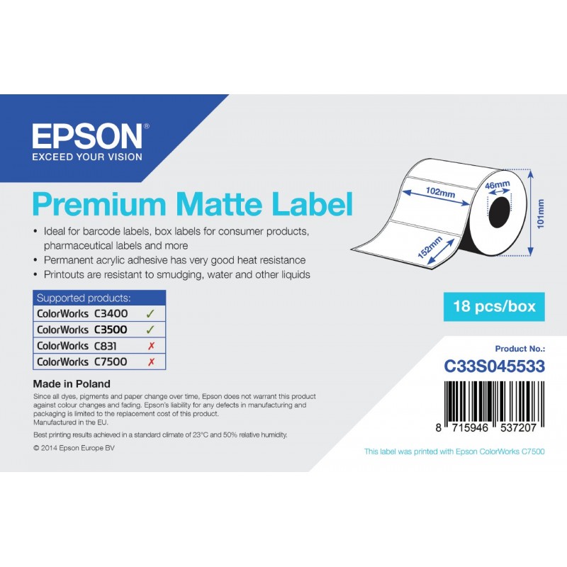 Epson Premium Matte Label - Die-cut Roll  102mm x 152mm, 225 labels C33S045533