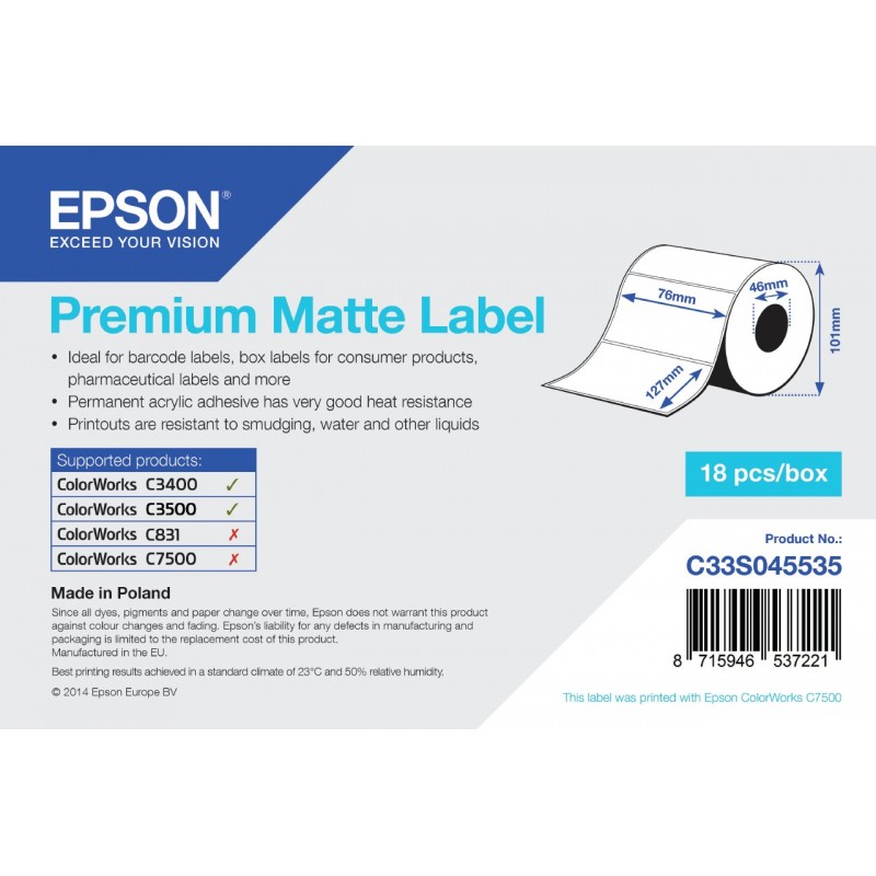 Epson Premium Matte Label - Die-cut Roll  76mm x 127mm, 265 labels C33S045535