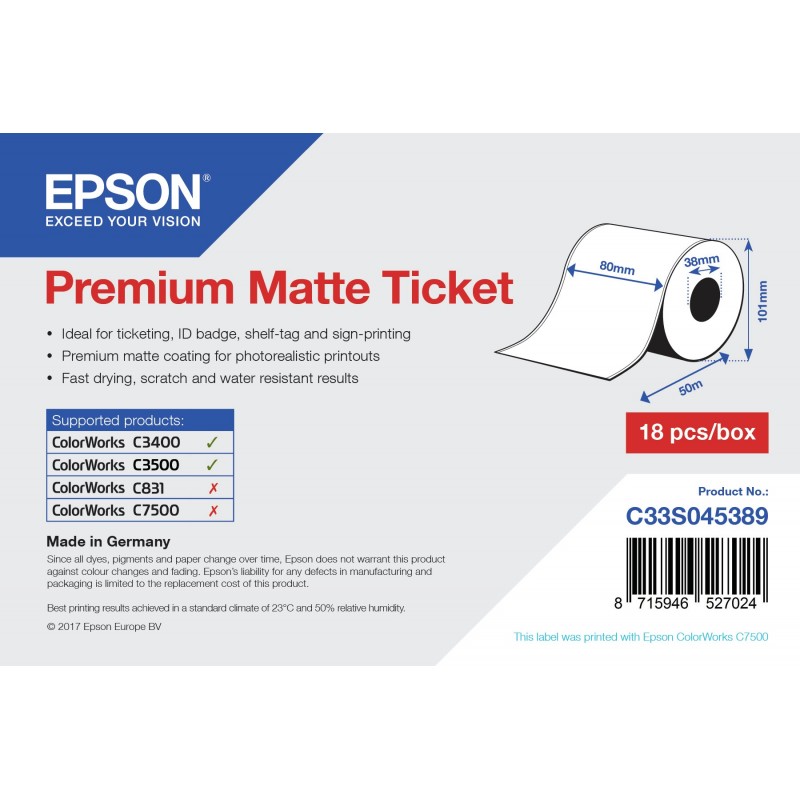 Epson Rollo de Premium Matte Ticket, 80 mm x 50m C33S045389