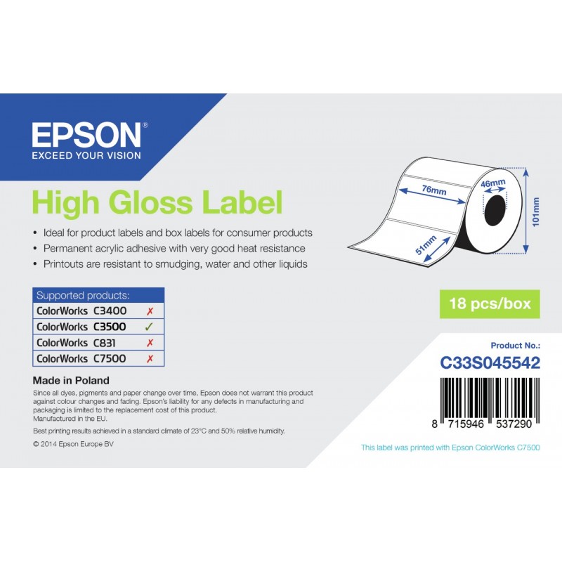 Epson High Gloss Label - Die-cut Roll  76mm x 51mm, 610 labels C33S045542
