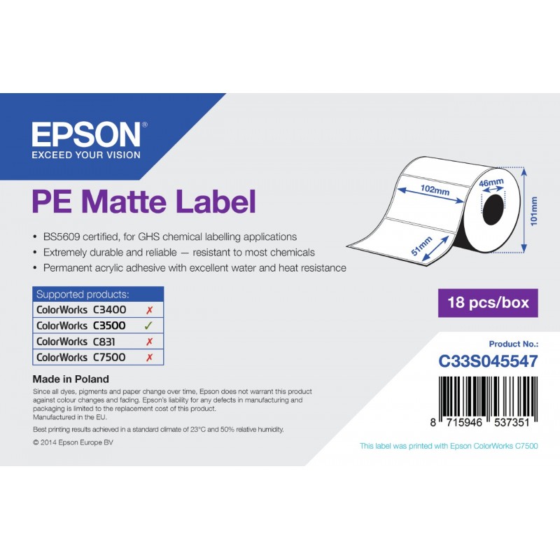 Epson PE Matte Label - Die-cut Roll  102mm x 51mm, 535 labels C33S045547