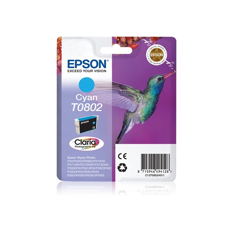 Epson Hummingbird Cartucho T0802 cian (etiqueta RF) C13T08024021