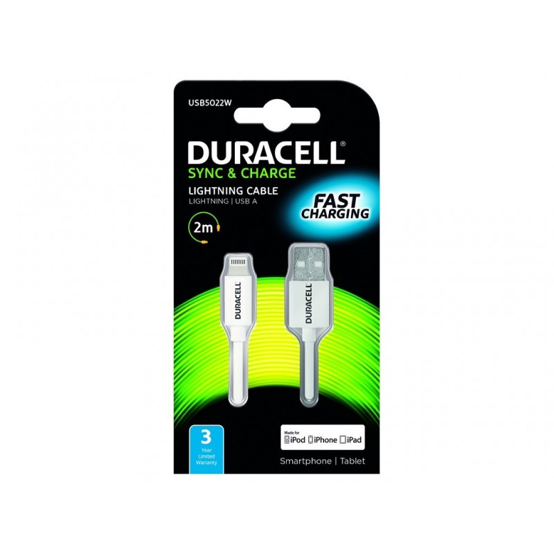 CABLE DURACELL USB5022W USB-LIGHTNING - PARA CARGA Y SINCRONIZACION - 2 METROS - COLOR BLANCO