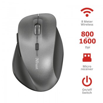 Trust Ravan, mano derecha, Óptico, USB, 1600 DPI, Negro 22878