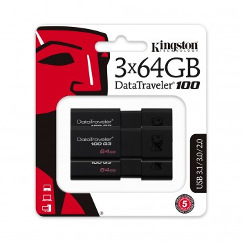 Kingston Technology DataTraveler 100 G3 unidad flash USB 64 GB USB tipo A 3.2 Gen 1 (3.1 Gen 1) Negr DT100G3 64GB-3P