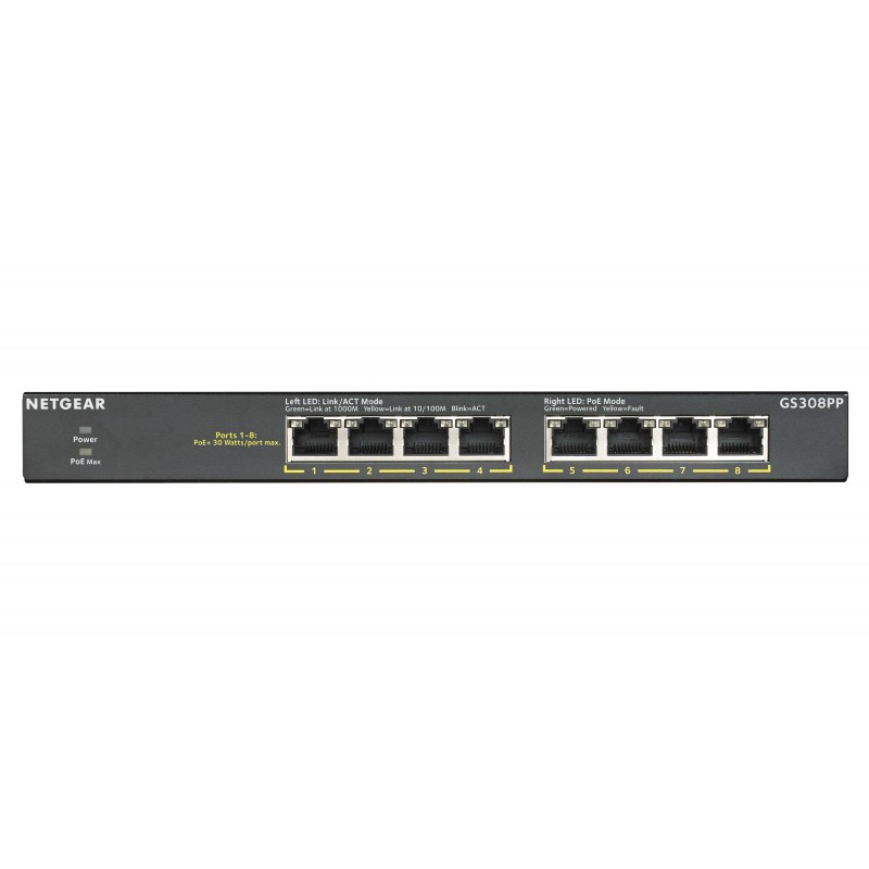 Netgear GS308PP - No administrado - Gigabit Ethernet (10 100 1000) Negro - PoE GS308PP-100EUS
