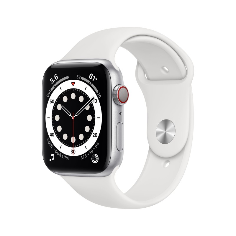 Apple Watch Series 6 GPS + Cellular 44mm en color Aluminio Plata con Correa deportiva Blanca MG2C3TY A