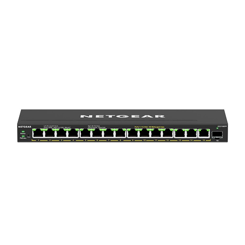 Netgear GS316EPP-100PES switch Gestionado Energía sobre Ethernet (PoE) Negro