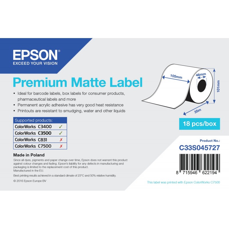 Epson - Rollo continuo etiquetas - Premium Matte - 76mm x 35m C33S045727