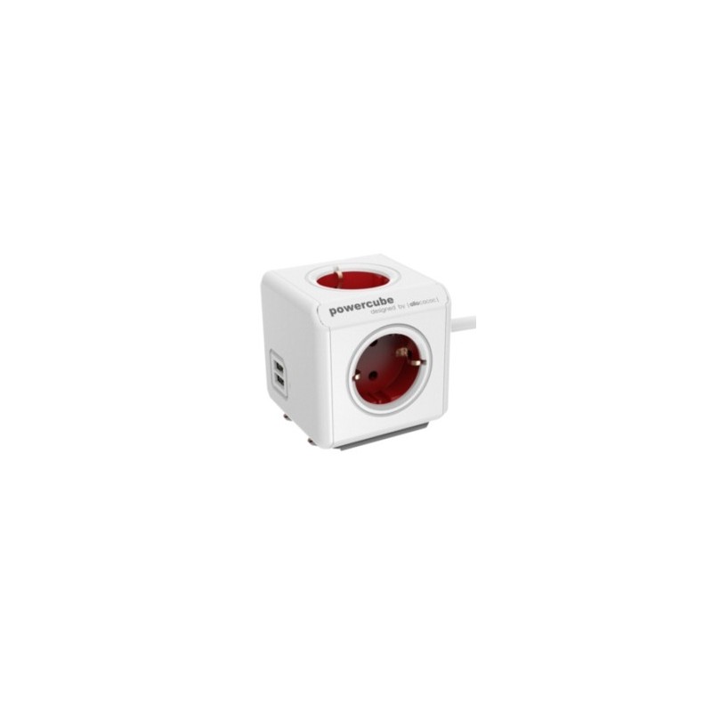PowerCube DuoUSB - Ladrón Multiple y alargador con 4 enchufes - Rojo, Blanco 1406RD DEEUPC