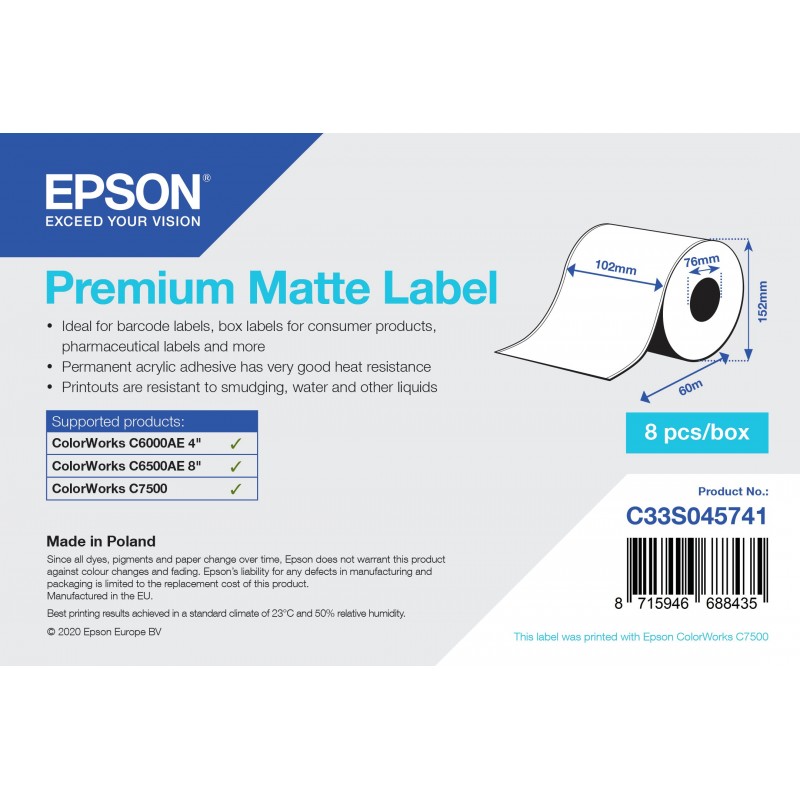 Epson Premium Matte Label - Rollo Etiqueta Adhesiva - 102x60mmm C33S045741