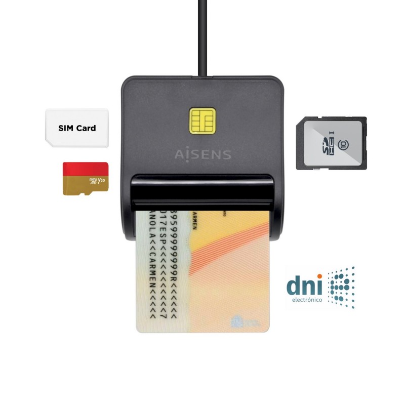 AISENS Lector de Tarjeta Inteligente DNI con Lector de Tarjetas - Negro ASCR-SN02SD-BK