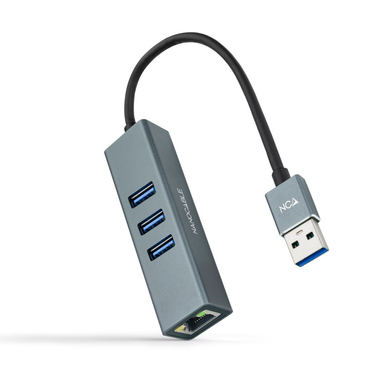 Nanocable Conversor USB 3.0 a Ethernet Gigabit + 3XUSB 3.0, Aluminio, Gris, 15 cm 10.03.0407
