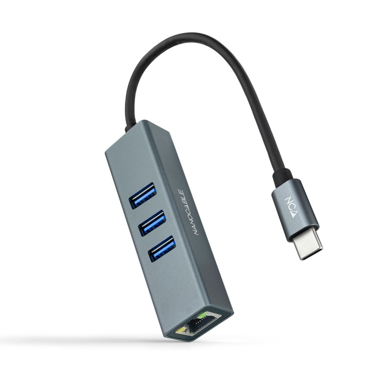 Nanocable Conversor USB-C a Ethernet Gigabit + 3XUSB 3.0, Aluminio, Gris, 15 cm 10.03.0408