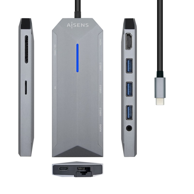 AISENS USB-C Dock 9 en 1, USB-C a 1x HDMI, 1xRJ45, 3x USB, 1x PD, 1x Audio, 1x SD, 1x Micro SD, Gris ASUC-9P001-GR