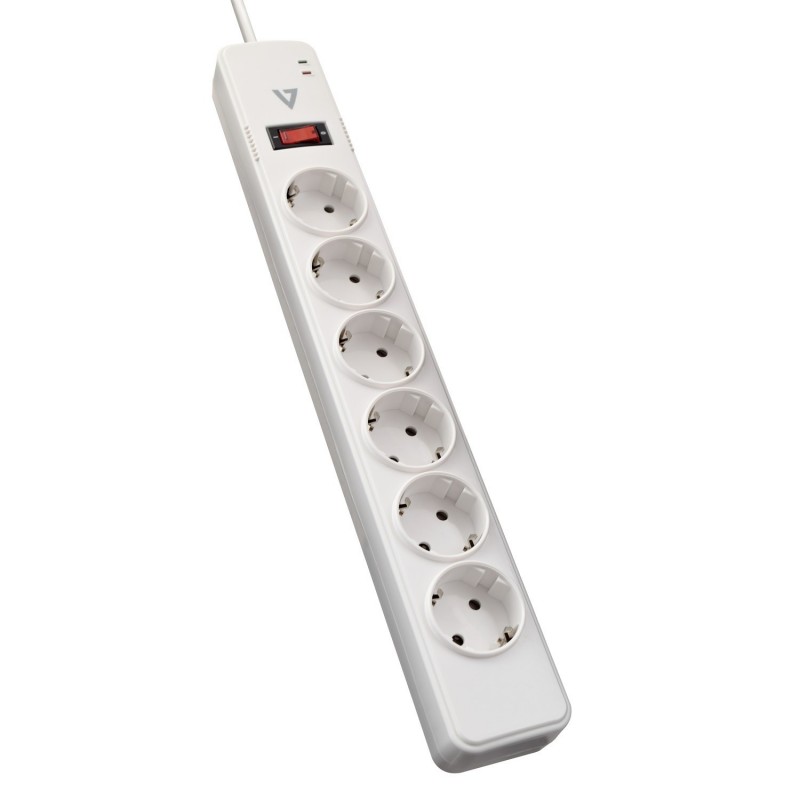 V7 Protector contra sobrevoltajes de 6 tomas Schuko para uso en casa u oficina, cable de 1,8 m, 1050 SA0613W-8E5