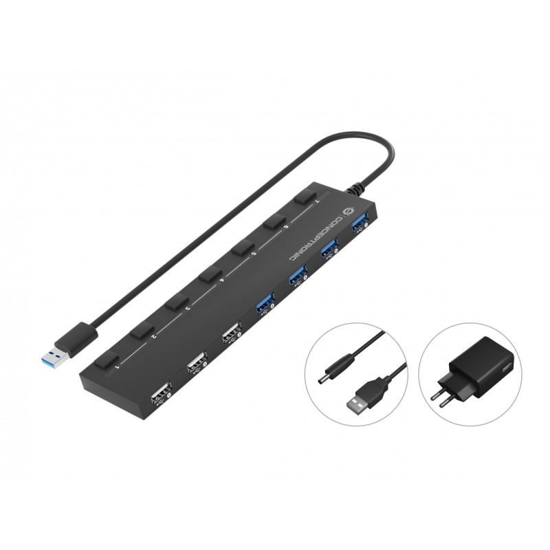 Conceptronic HUBBIES09BP hub de interfaz USB 3.2 Gen 1 (3.1 Gen 1) Type-A 5000 Mbit s Negro