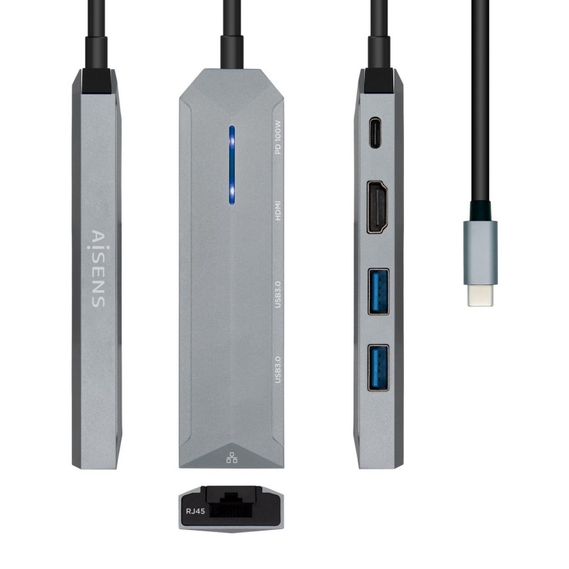 AISENS USB-C dock 5 en 1, USB-C a 1xHDMI, 1xRJ45, 2xUSB, 1xPD, Gris, 15 cm ASUC-5P003-GR
