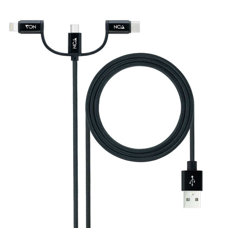 Nanocable Cable USB 3 en 1 Carga Datos USB-A a USB-C Micro USB Lightning 1 m, Negro 10.01.3200