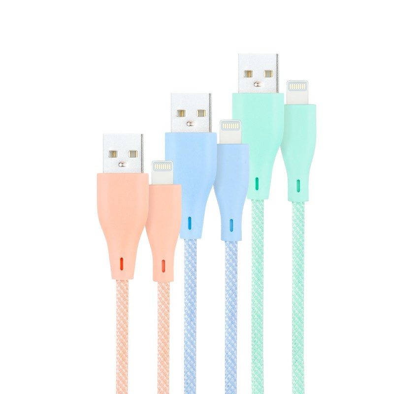 Nanocable 3 Cables Lightning a USB 2.0, Lightning M-USB A M, Mallados, Rosa, Azul y Verde, 1 m 10.10.0401-CO1