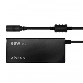 AISENS Cargador 65 W Automatico Universal Multitension Para Portatil Con 9 Conectores + USB-A QC.3.0 ASLC-65WAUTO-BK