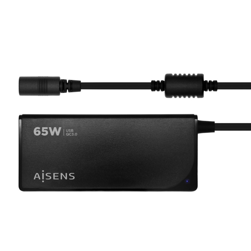 AISENS Cargador 65 W Automatico Universal Multitension Para Portatil Con 9 Conectores + USB-A QC.3.0 ASLC-65WAUTO-BK
