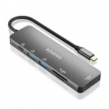 AISENS USB-C Dock 6 EN 1, USB-C a 1xHDMI, 2xUSB-A, 1xUSB-C PD 100W, 1xSD, 1xMicro SD, Gris, 15cm ASUC-6P016-GR