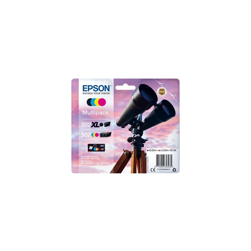 Epson 502 XL cartucho de tinta 4 pieza(s) Original Alto rendimiento (XL) Negro, Azul, Magenta, Amarillo C13T02W94010
