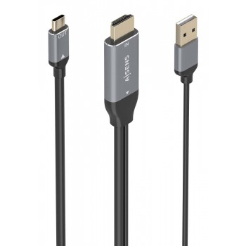 AISENS Cable Conversor Aluminio HDMI V2.0 A USB-C 4K@60HZ, HDMI M+USB-A M-USB-C M, Negro, 1.8m A109-0871