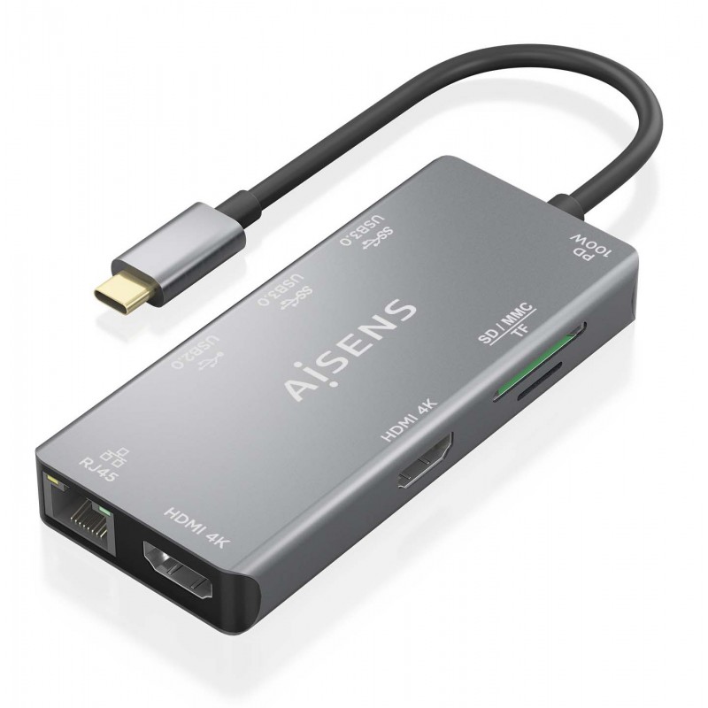 AISENS USB-C Dock 9 En 1, USB-C a 2xHDMI, 1xRJ45, 2xUSB-A USB3.0, 1xUSB-A USB2.0, 1xUSB-C PD, 1xSD,  ASUC-9P018-GR