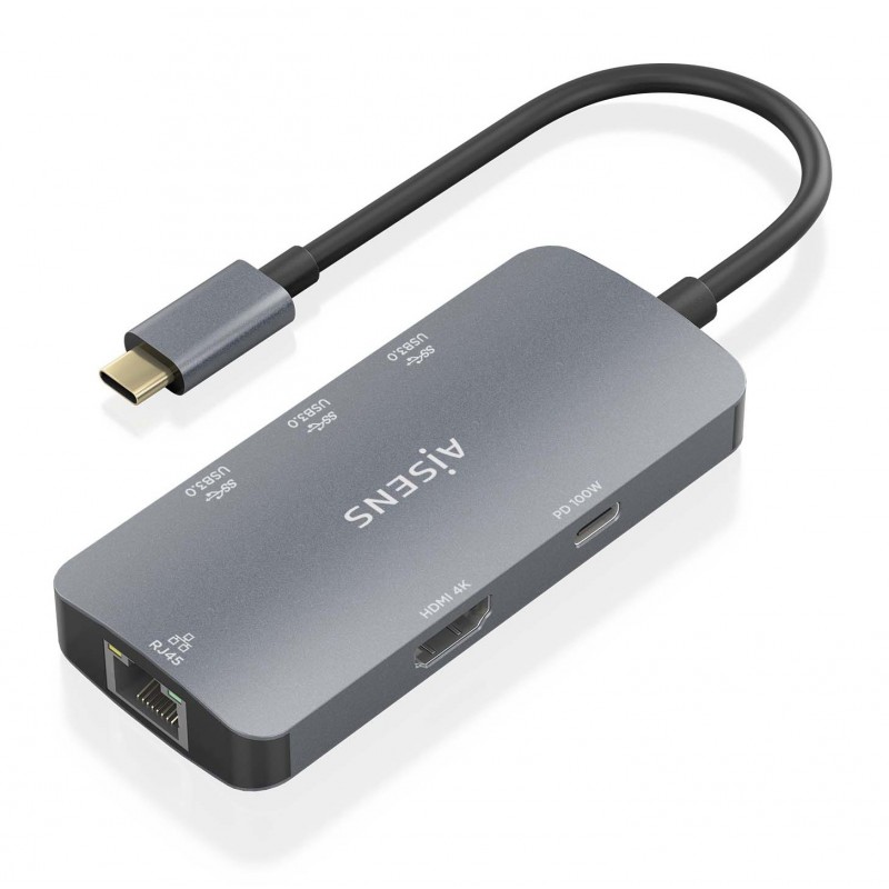 AISENS USB-C Dock 6 En 1, USB-C a 1xHDMI, 1xRJ45, 3xUSB-A, 1xUSB-C PD, Gris, 15cm ASUC-6P019-GR
