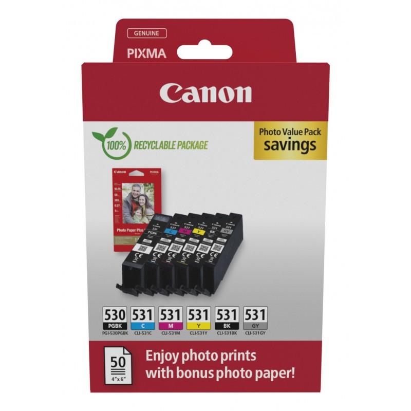 Canon PGI-530 CLI-531 PVP cartucho de tinta 6 pieza(s) Original Negro, Cian, Gris, Magenta, Foto neg 6117C004