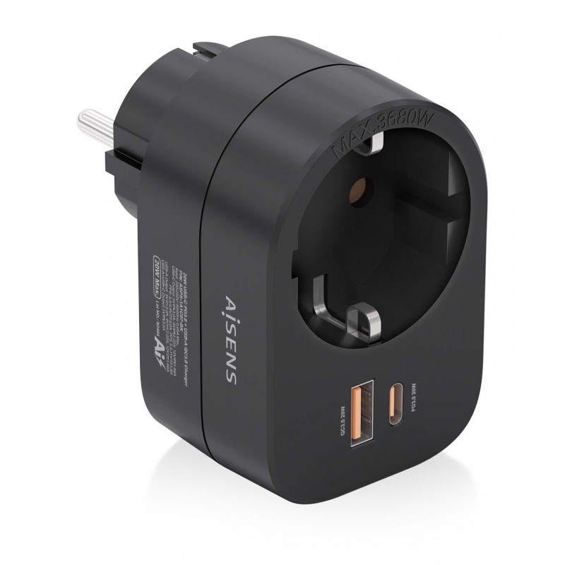 AISENS Regleta De Pared Multifuncion Con 1 Toma + 1xUSB-C 20W PD3.0, 1xUSB-A 20W QC3.0, Negro ASPS-1A1C07-BK