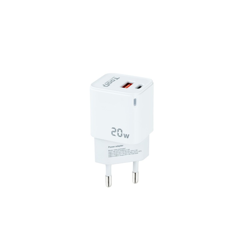 TooQ Cargador de Pared USB-C PD + USB-A QC 20W, Blanco TQWC-QCPD20WT