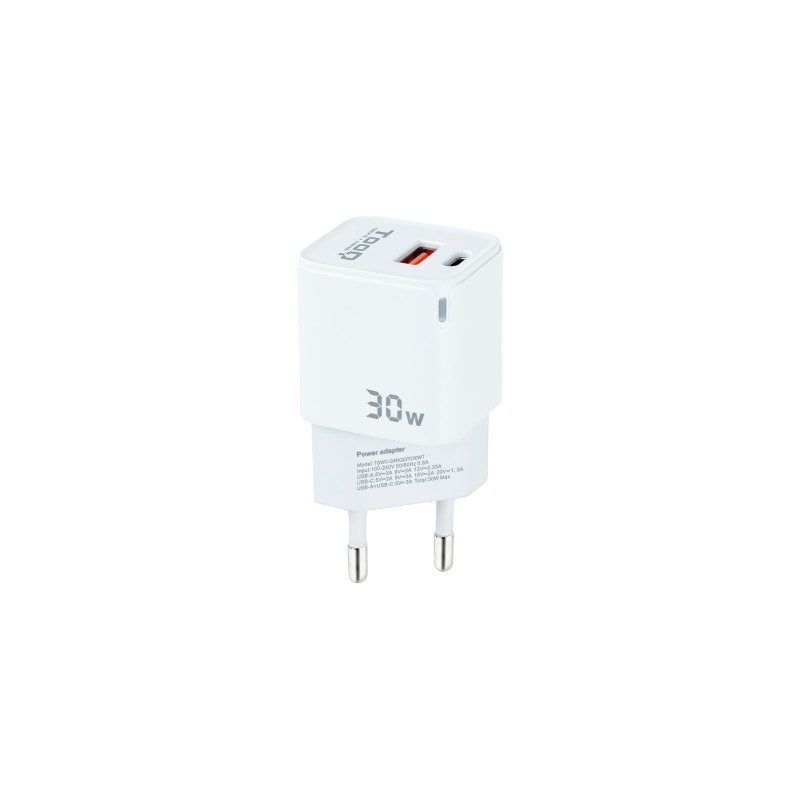 TooQ Cargador de Pared GaN USB-C PD + USB-A QC 30W, Blanco TQWC-GANQCPD30WT